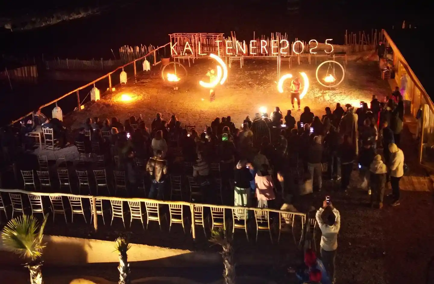 Spectacular fire show entertainment during a luxury dinner experience in the Agafay Desert