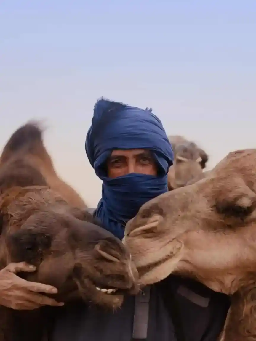 Berber camel guide in traditional blue attire with camels in the Agafay Desert