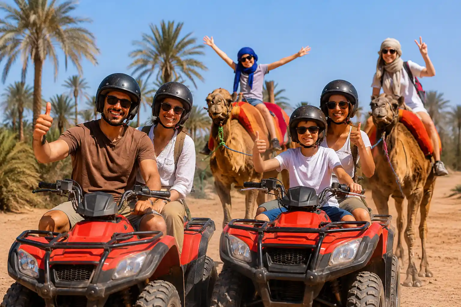 Family smiling during a quad bike and camel ride tour in Marrakech