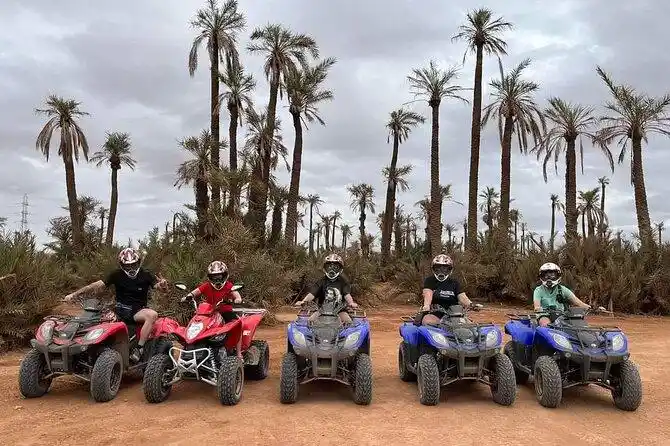 Group of riders enjoying a quad biking adventure through the Marrakech Palmeraie palm grove on a guided private tour
