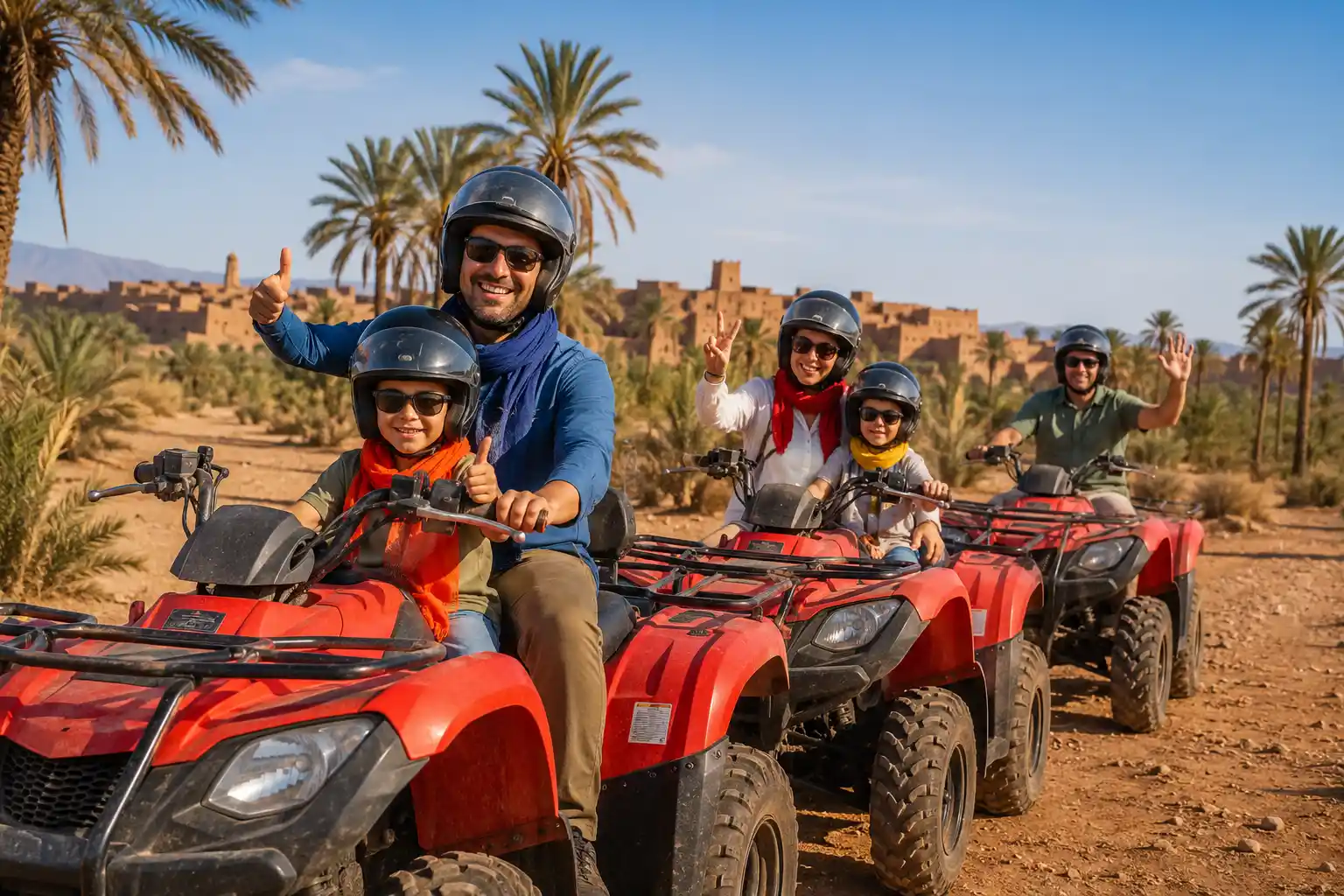 Parents and children enjoying a safe family quad adventure in Marrakech