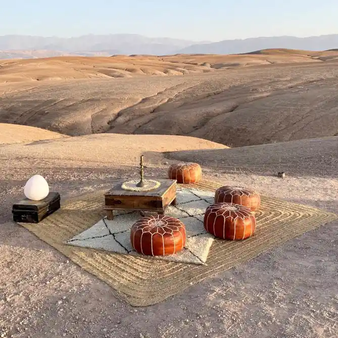 Luxury lounge setup in the Agafay Desert during a premium buggy tour experience near Marrakech