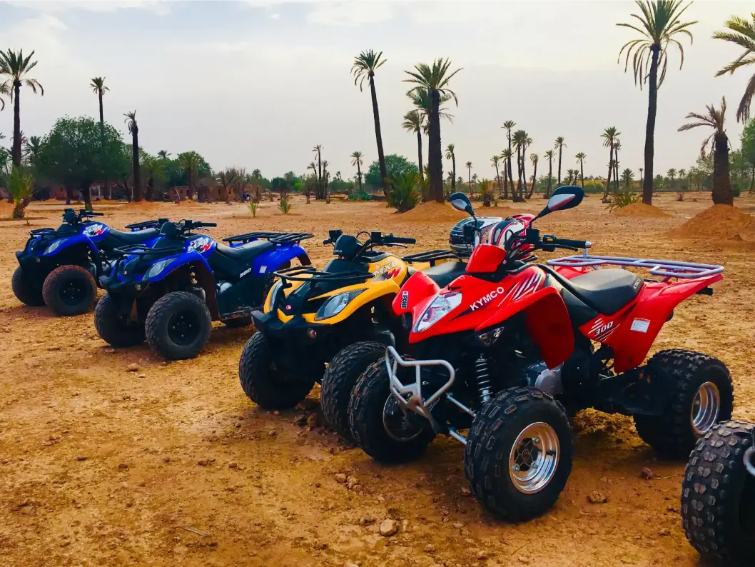 Quad bikes prepared for a private Marrakech quad tour in the Palmeraie with hotel pickup and guided off-road adventure